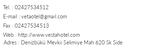 Vesta Hotel telefon numaralar, faks, e-mail, posta adresi ve iletiim bilgileri